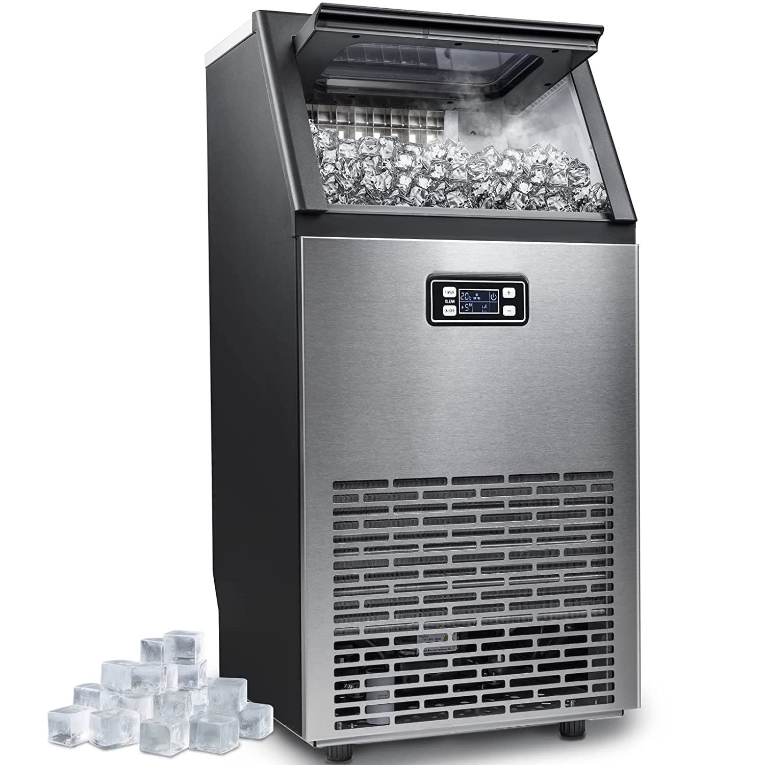 KISSAIR Commercial Ice Maker,Stainless Steel Freestanding Ice Maker with 2 Self-Cleaning,100Lbs/Day,45 Cubes/Batch in 11-20 Mins