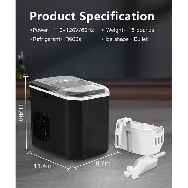 Kndko 26lbs Countertop Ice Maker, Bullet Ice Type in 2 Sizes(S/L), Self-Cleaning Handheld Ice Basket, Black