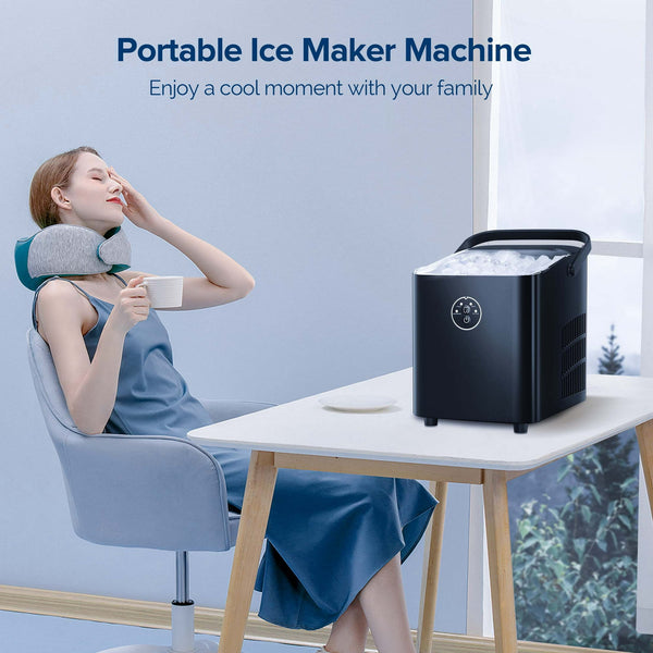 Auseo Portable Ice Maker Machine, Ice Maker Countertop with Handle, 26lbs/24H, Bullet Ice Cubes, 8 PCS Ready in 9 Mins, Self-Cleaning, Ice Scoop, Basket for Home/Kitchen/Office/Party-Black