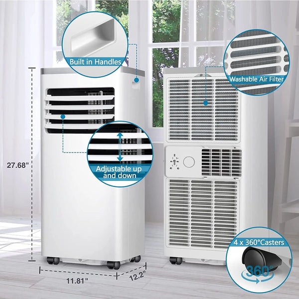 KISSAIR 5,000 BTU (8,000 BTU ASHARE) Portable Air Conditioner,3-in-1 Portable AC Unit for Room Up to 350 Sq.Ft, 2 Fan Speeds/Remote Control/24Hrs Timer/Installation Kit for Home/Office-White&Silve