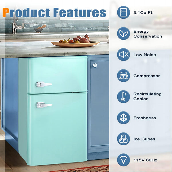 Besttey 3.1 Cu.ft Mini Fridge with Freezer Two Door, Stainless Steel, Compact Size & Low Noise Defrost for Home Office Dormitory, Green agluckyshop