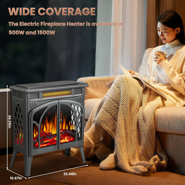 AGLUCKY Electric Fireplace Heater 25’’ with 3D Realistic Flame Effect, Freestanding Fireplace with Remote Control,Timer, Different Flame Color,2 Heating Modes 500W/1500W