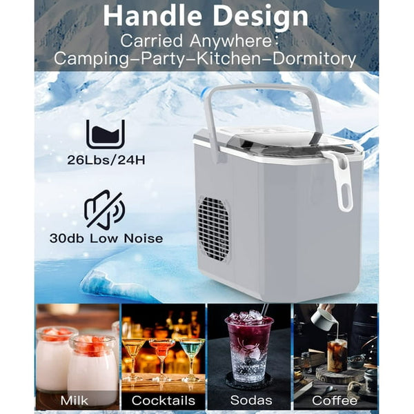 Kndko 26lbs Countertop Ice Maker, Bullet Ice Type in 2 Sizes(S/L), Self-Cleaning Handheld Ice Basket, Gray