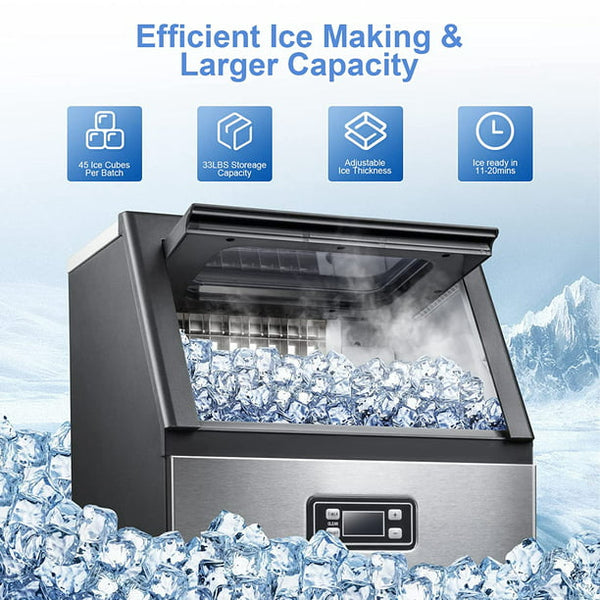 KISSAIR Commercial Ice Maker,Stainless Steel Freestanding Ice Maker with 2 Self-Cleaning,100Lbs/Day,45 Cubes/Batch in 11-20 Mins