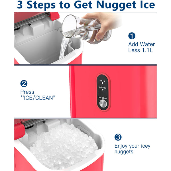 JOY PEBBLE 33lbs Countertop Ice Maker, Crushed Nugget Ice Type with Scoop, Cubes Ready in 10 Mins, Red