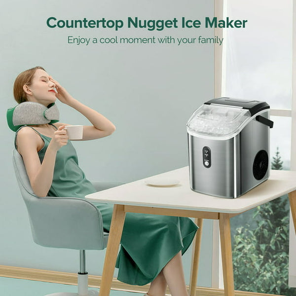 Auseo Portable Nugget Ice Maker Countertop, Self-Cleaning Function, 33lbs/24H, for Home/Office/Party Stainless Steel--Silver