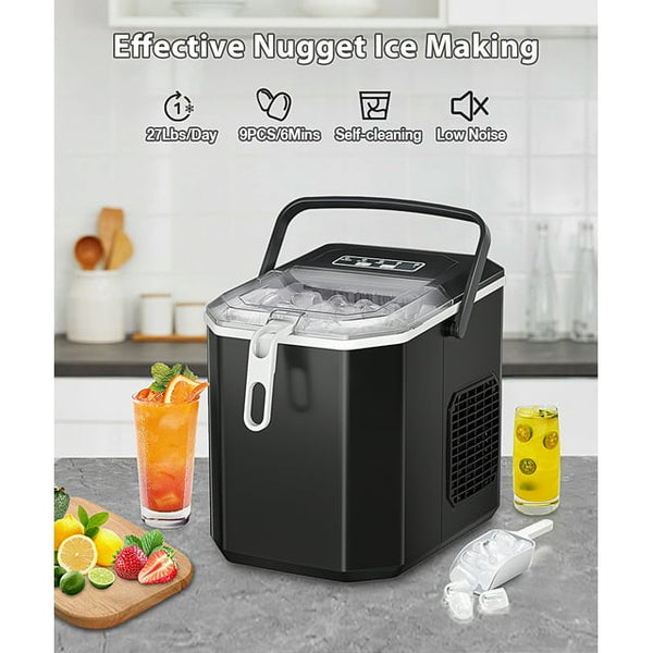 Besttey Countertop Ice Maker, 26lbs/Day, 2 Ice Sizes(S/L), Self-Cleaning w/ Ice Scoop and Basket, Handheld Ice Maker, Black