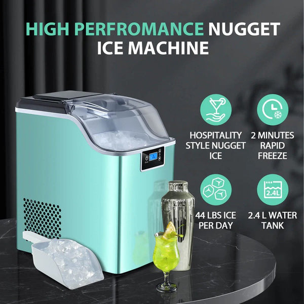 High performance nugget ice machine with features highlighted on a dark background