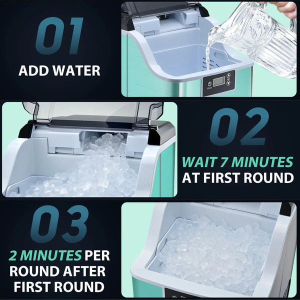 Step-by-step guide on using an ice maker with text instructions.