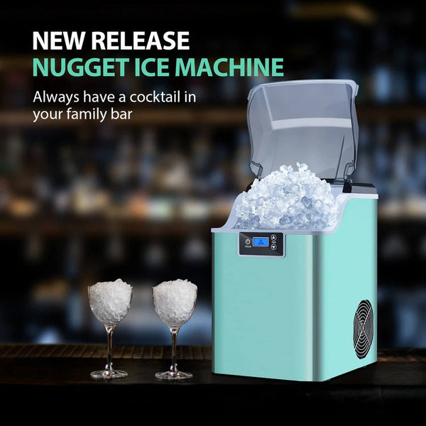 Nugget ice machine with ice output and glasses on a bar background