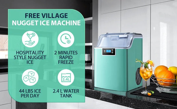 Green ice machine with promotional text on a kitchen counter