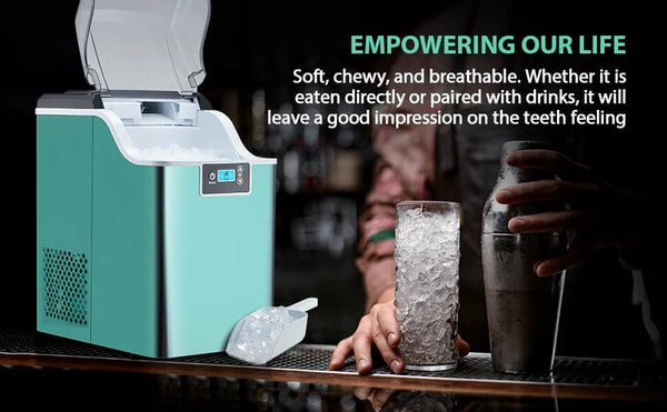 Teal ice machine on a bar with a person holding a glass of ice and a bottle, with text about ice properties.