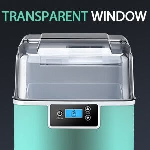 Turquoise ice cream maker with transparent window on a black background