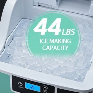 Ice maker with a label indicating 44 pounds of ice making capacity.