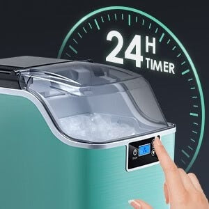 Teal ice machine with digital display and '24H TIMER' indicator, hand pressing a button.