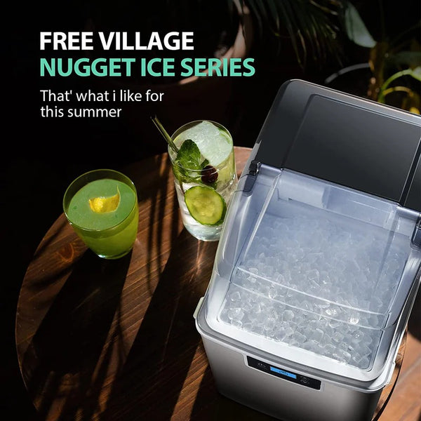 Ice maker with two cocktails on a wooden table, featuring 'Free Village Nugget Ice Series' text.