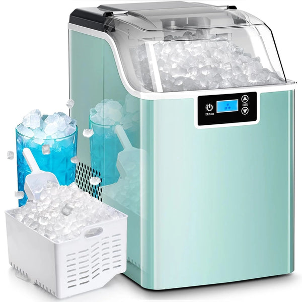 Portable ice maker with ice cubes and a digital display on a white background
