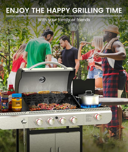 4-Burner Propane Gas Grill with Porcelain-Enameled Cast Iron Grates and Side Burner