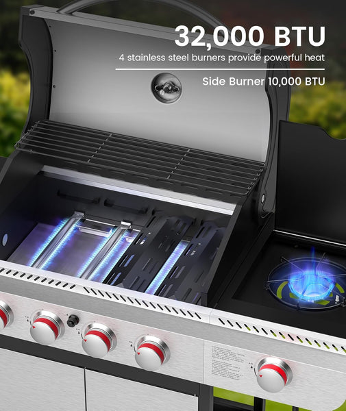 4-Burner Propane Gas Grill with Porcelain-Enameled Cast Iron Grates and Side Burner