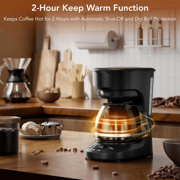 5-Cup Drip Coffee Maker - Programmable, Auto Brew, Auto Pause, Keep Warm Function, Ideal for Home and Office Use, Black