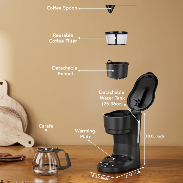 5-Cup Drip Coffee Maker - Programmable, Auto Brew, Auto Pause, Keep Warm Function, Ideal for Home and Office Use, Black