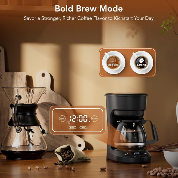 5-Cup Drip Coffee Maker - Programmable, Auto Brew, Auto Pause, Keep Warm Function, Ideal for Home and Office Use, Black