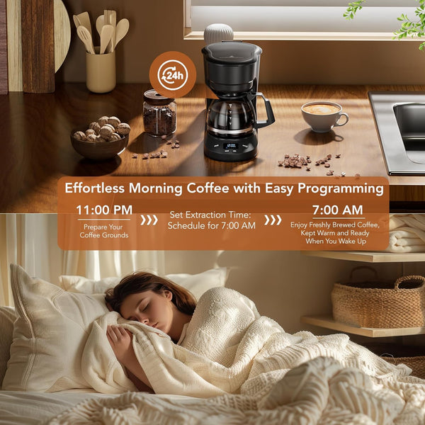 5-Cup Drip Coffee Maker - Programmable, Auto Brew, Auto Pause, Keep Warm Function, Ideal for Home and Office Use, Black