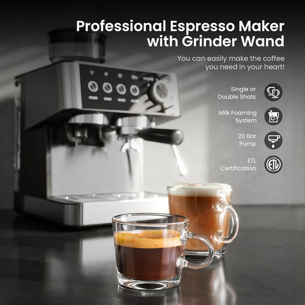 Espresso Machines with Grinder, 20 Bar with Steam Milk Frother Steam Wand, Espresso Coffee Machine & Cappuccino machine with Hot Water Function(BLACK)