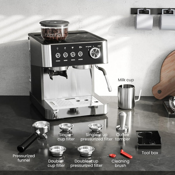 Espresso Machines with Grinder, 20 Bar with Steam Milk Frother Steam Wand, Espresso Coffee Machine & Cappuccino machine with Hot Water Function(BLACK)