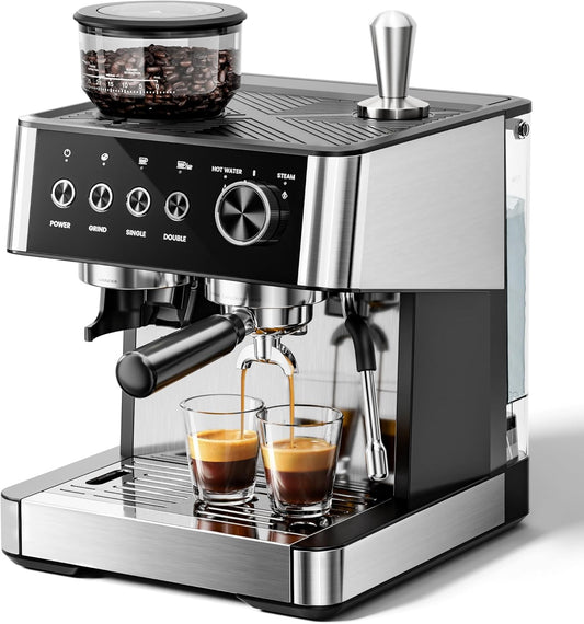 Espresso Machines with Grinder, 20 Bar with Steam Milk Frother Steam Wand, Espresso Coffee Machine & Cappuccino machine with Hot Water Function(BLACK)
