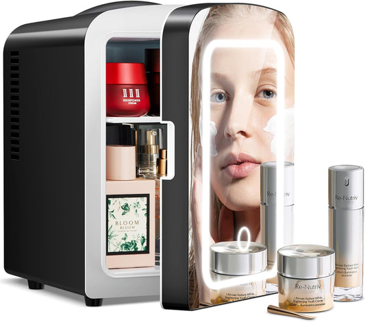 Mini Fridge Cooler, 4L Skincare Fridge with Dimmable LED Light Mirror