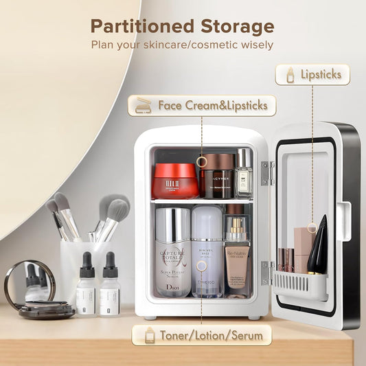 Mini Fridge Cooler, 4L Skincare Fridge with Dimmable LED Light Mirror
