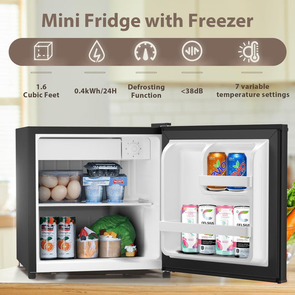 Kismile Mini Fridge with Freezer, 1.6 Cu.ft Mini Refrigerators with Removable Shelves, Adjustable Thermostat, Reversible Single Door, Small Refrigerator for Bedroom/Office/Home