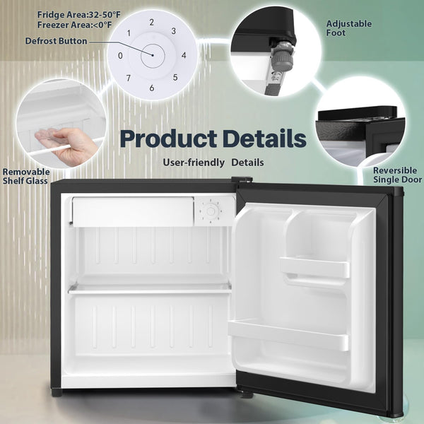Kismile Mini Fridge with Freezer, 1.6 Cu.ft Mini Refrigerators with Removable Shelves, Adjustable Thermostat, Reversible Single Door, Small Refrigerator for Bedroom/Office/Home