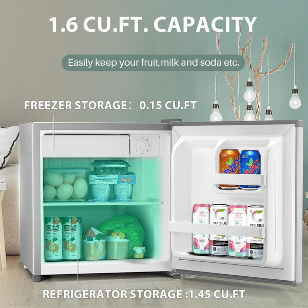 Kismile Mini Fridge with Freezer, 1.6 Cu.ft Mini Refrigerators with Removable Shelves, Adjustable Thermostat, Reversible Single Door, Small Refrigerator for Bedroom/Office/Home