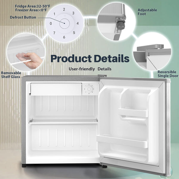 Kismile Mini Fridge with Freezer, 1.6 Cu.ft Mini Refrigerators with Removable Shelves, Adjustable Thermostat, Reversible Single Door, Small Refrigerator for Bedroom/Office/Home