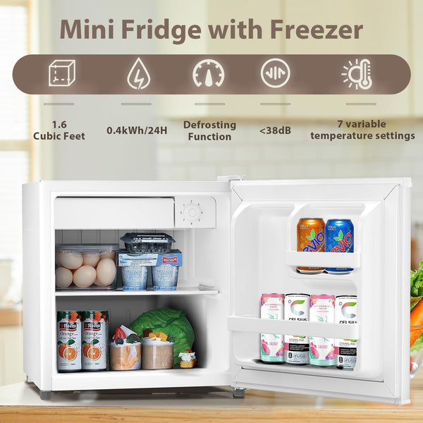 Kismile Mini Fridge with Freezer, 1.6 Cu.ft Mini Refrigerators with Removable Shelves, Adjustable Thermostat, Reversible Single Door, Small Refrigerator for Bedroom/Office/Home
