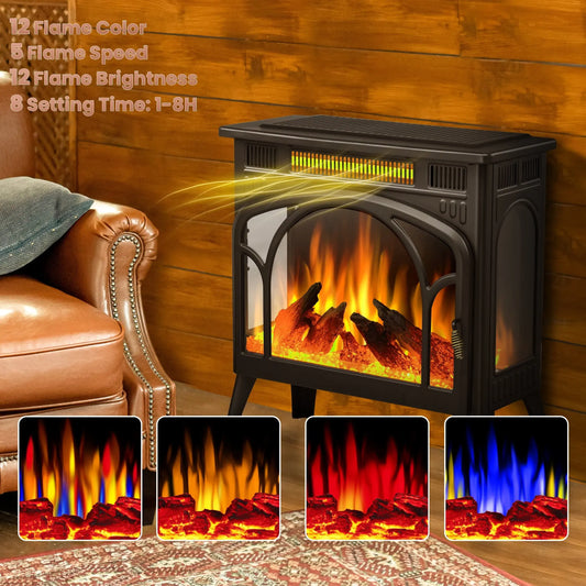 Auseo Electric Fireplace Heater 25’’ with 3D Realistic Flame Effect, Freestanding Fireplace, Different Flame Color, 500W/1500W,- Black agluckyshop
