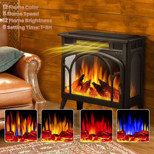 Auseo Electric Fireplace Heater 25’’ with 3D Realistic Flame Effect, Freestanding Fireplace, Different Flame Color, 500W/1500W,- Black