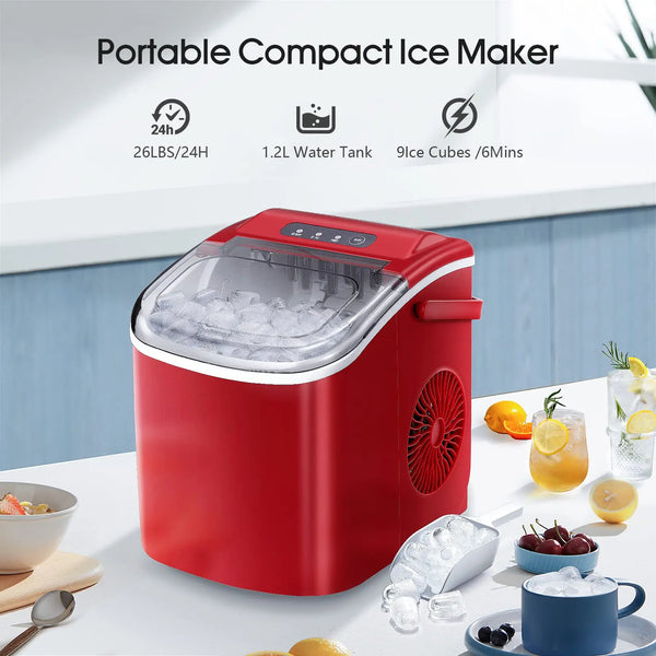 AuseoPortable Countertop Ice Maker,9 Cubes Ready in 6-13 Minutes,26lb/24H,Compact Machine with Scoop and Basket