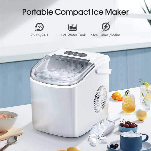 AuseoPortable Countertop Ice Maker,9 Cubes Ready in 6-13 Minutes,26lb/24H,Compact Machine with Scoop and Basket