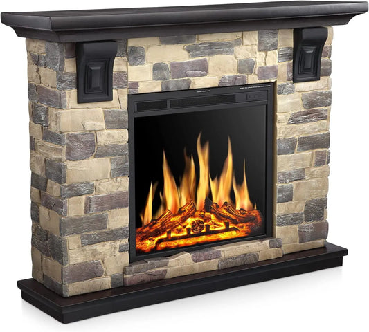 AGLUCKY Electric Fireplace Mantel Package, 50 inch Freestanding Stone Fireplace Heater TV Stand with Remote Control agluckyshop