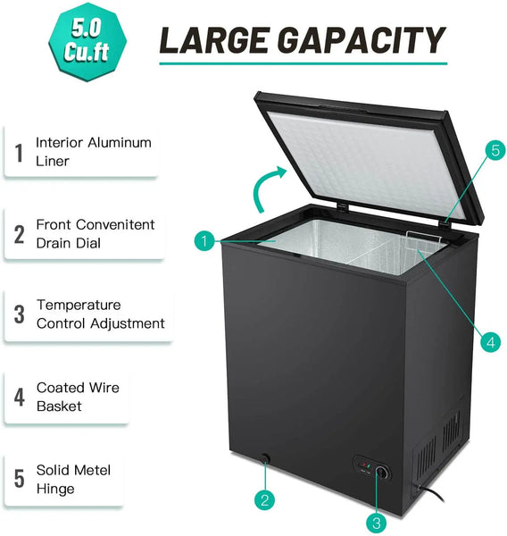 5 Cubic Feet Black Chest, Removable Basket |Free Standing Compact Fridge