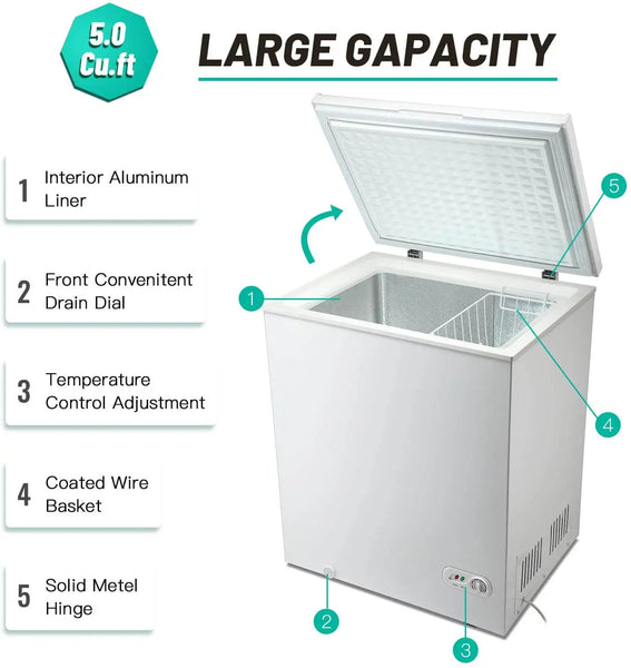  5.0 Cubic Feet White Chest Freezer ,Removable Basket |Free Standing