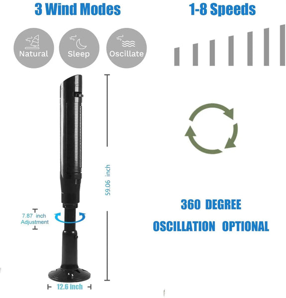 59” Black Tower Fan with Oscillation Remote Control