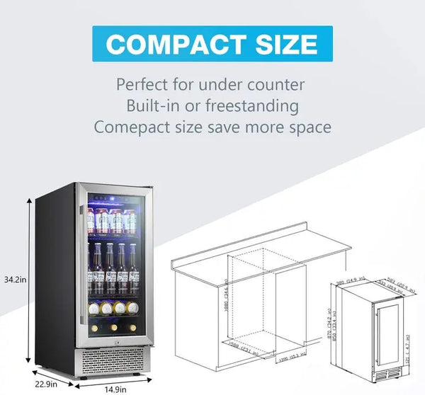 AGLUCKY 15 Inch Clear Glass Door Buit-in Beverage Refrigerator rost-Free Stainless-Steel Door and Handle with Double Layered Tempered glass